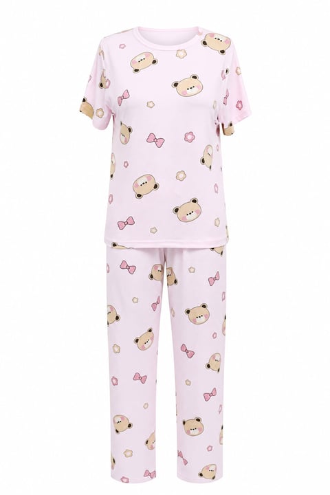 Karışık Figür Desenli Bisiklet Yaka Kısa Kol Penye Pijama Takımı -Pudra