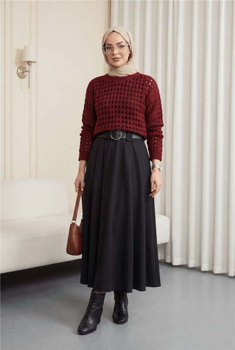 Kayık Yaka Ajurlu Triko Kazak -Bordo-Kazak-109-0987-R04