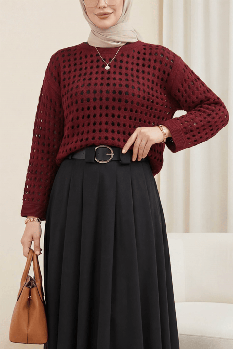 Kayık Yaka Ajurlu Triko Kazak -Bordo-Kazak-109-0987-R04