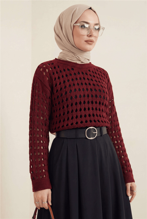 Kayık Yaka Ajurlu Triko Kazak -Bordo-Kazak-109-0987-R04