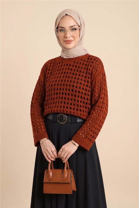 Kayık Yaka Ajurlu Triko Kazak  -Kiremit-Kazak-109-0987-R30