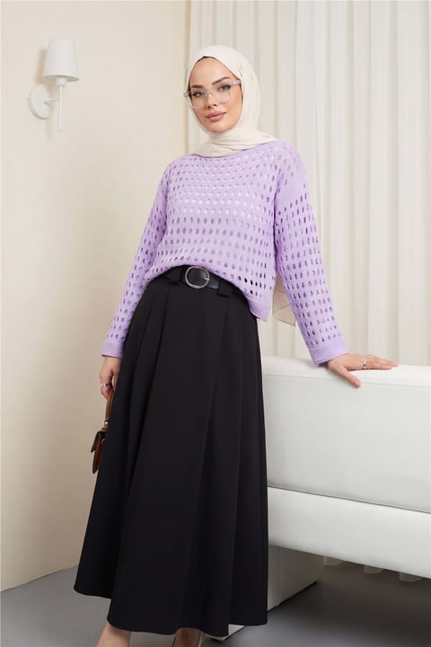 Kayık Yaka Ajurlu Triko Kazak  -Lila-Kazak-109-0987-R42