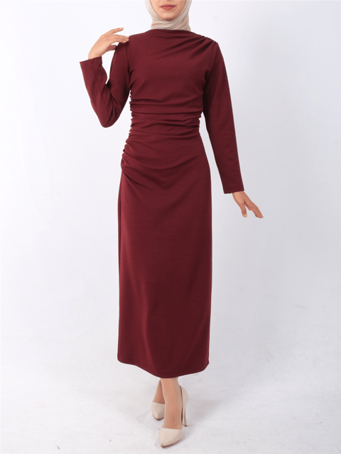 Elbise-Kayık Yaka Yandan Drapeli Örme Krep Elbise -Bordo-111-61521-R04