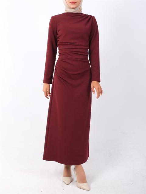 Kayık Yaka Yandan Drapeli Örme Krep Elbise -Bordo-Elbise-111-61521-R04