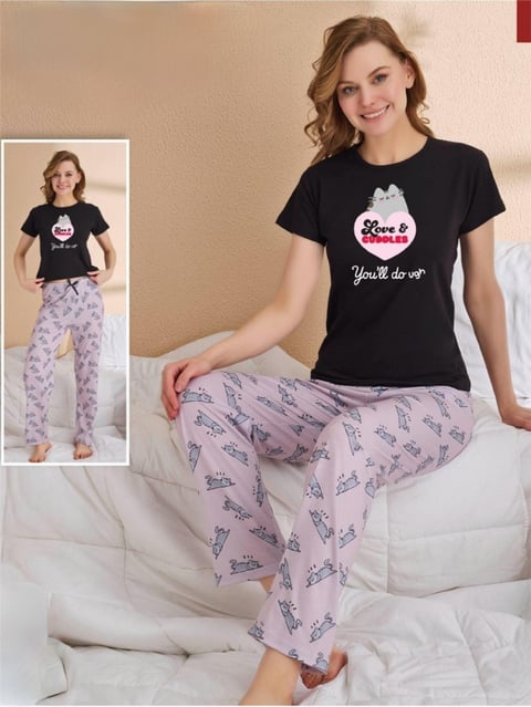 Kedi Desenli Kısa Kollu Pijama Takımı -Lila-Pijama-416-58312-R42