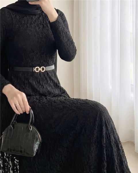 Kemerli Astarlı Güpür Dantel Elbise -Siyah-Elbise-426-5280-R01