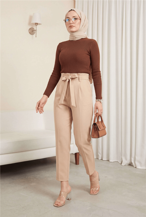 بنطلون للكاحل بحزام - بيج-Pantolon-186-037-R56