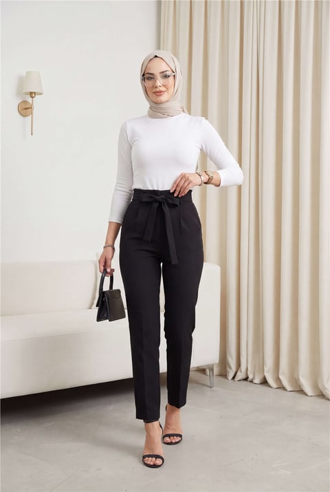 Kemerli Bilek Pantolon -Siyah-Pantolon-186-037-R01