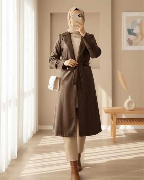 Kemerli Cepli Tesettür Deri Trenckot -Kahve-Trençkot-197-2124-R15