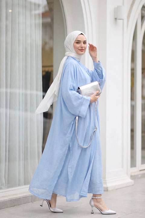 Kemerli İçlikli Taş Detaylı Astarlı Flam Tül Abaya Takım -Bebe Mavi