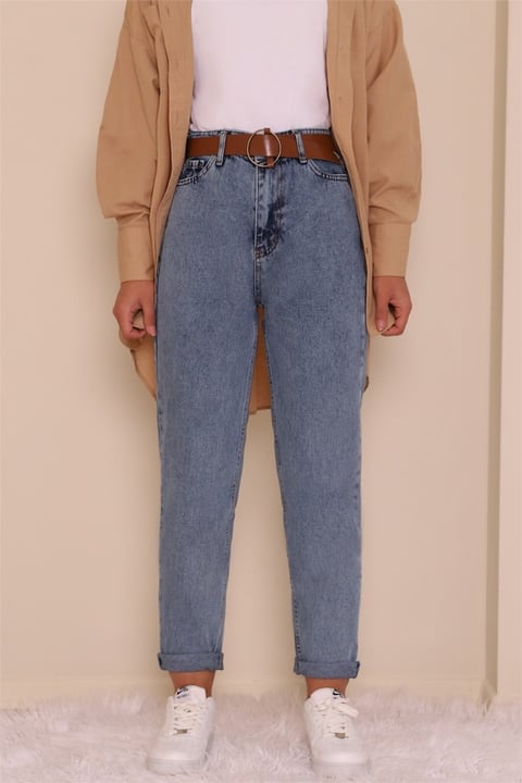 Kemerli Kot Pantolon -Açık Mavi-Kot Pantolon-318-4801-R25