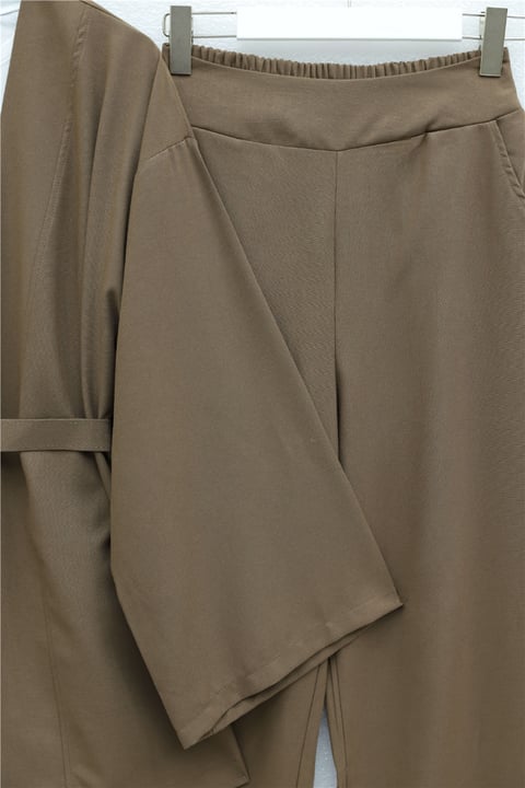 Kemerli Pantolonlu Kimono Takım    -Açık Kahverengi-Takım-307-0047-R76
