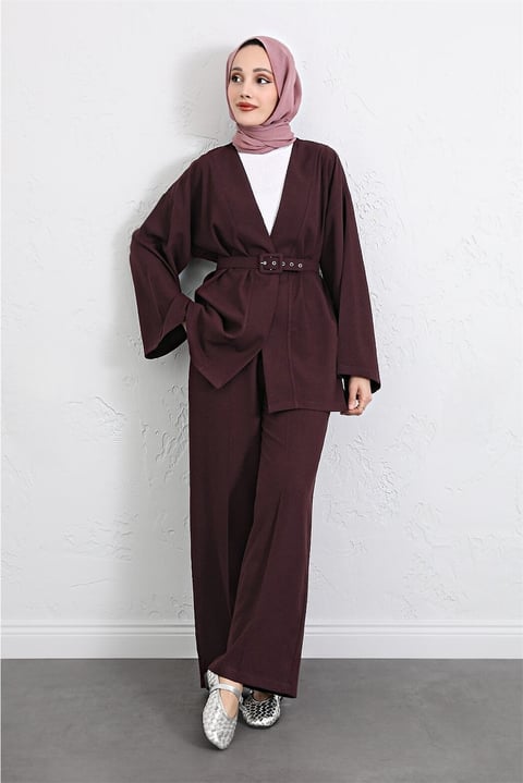 Kemerli Pantolonlu Kimono Takım   -Mürdüm-Takım-307-0047-R09