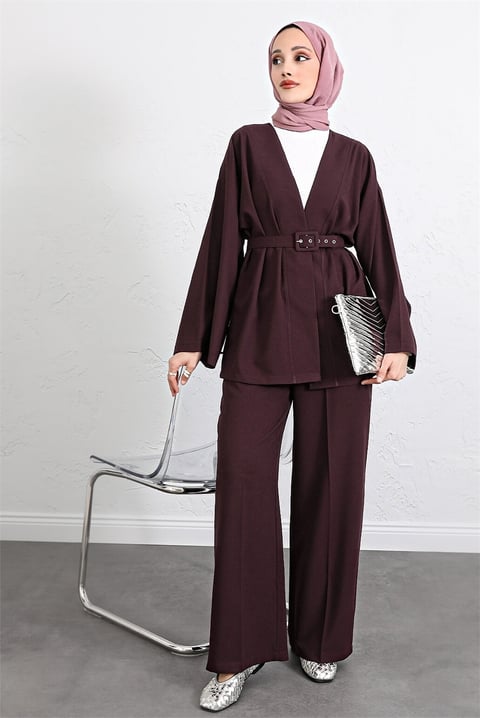 Kemerli Pantolonlu Kimono Takım   -Mürdüm-Takım-307-0047-R09