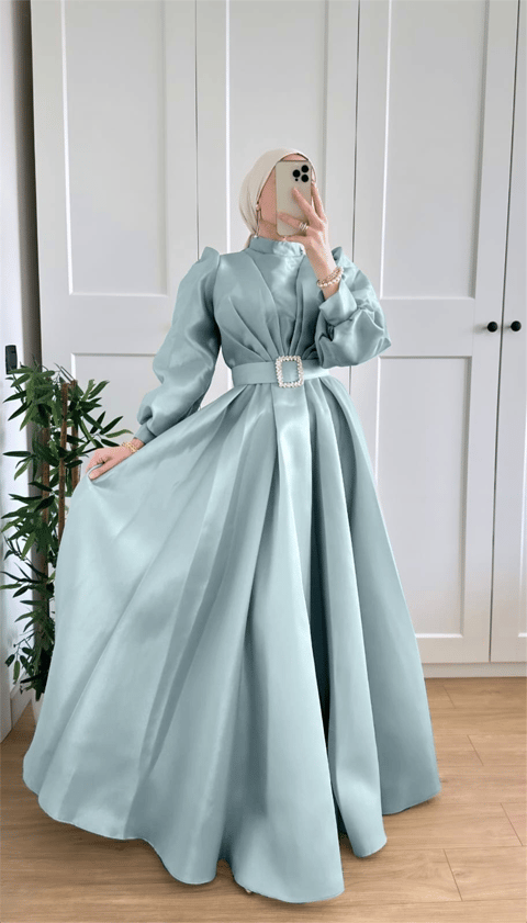 Abiye-Kemerli Tafta Prenses Abiye -Su Yeşili-316-4529-R36