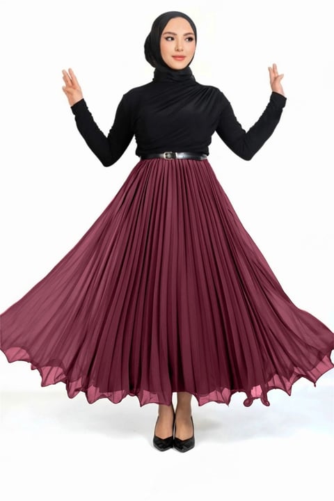 Kemerli Volanlı Pliseli Şifon Etek   -Bordo-Etek-386-6202-R04