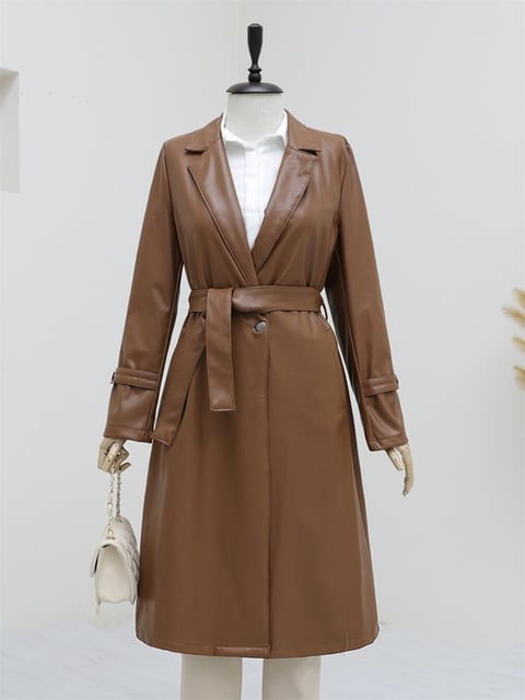 Kemerli Yan Cepli Deri Trenckot -Taba-Trençkot-197-2801-R12