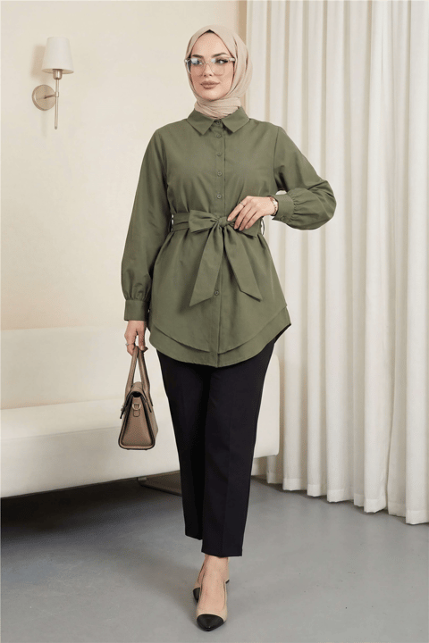Kendinden Kuşaklı Poplin Tunik -Haki-Tunik-307-0105-R05