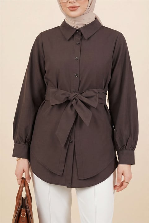Kendinden Kuşaklı Poplin Tunik -Kahve-Tunik-307-0105-R15