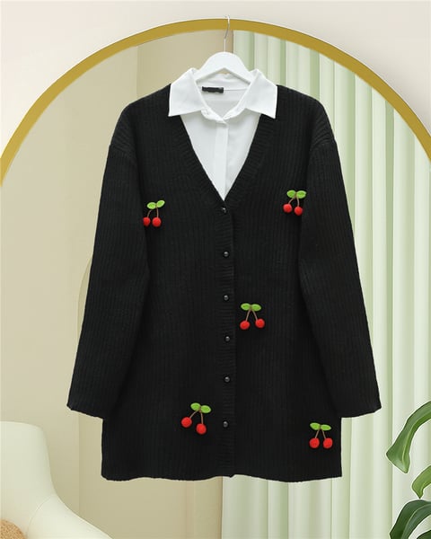 Kirazlı Top Düğmeli Triko Hırka -Siyah-Hırka-295-1292-R01