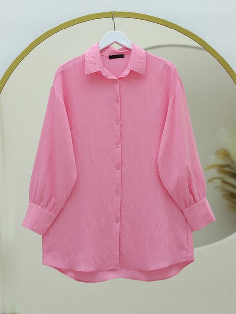 Gömlek-Klasik Yaka Boydan Düğmeli Oval Kesim Gömlek -Pembe-138-5963-R20