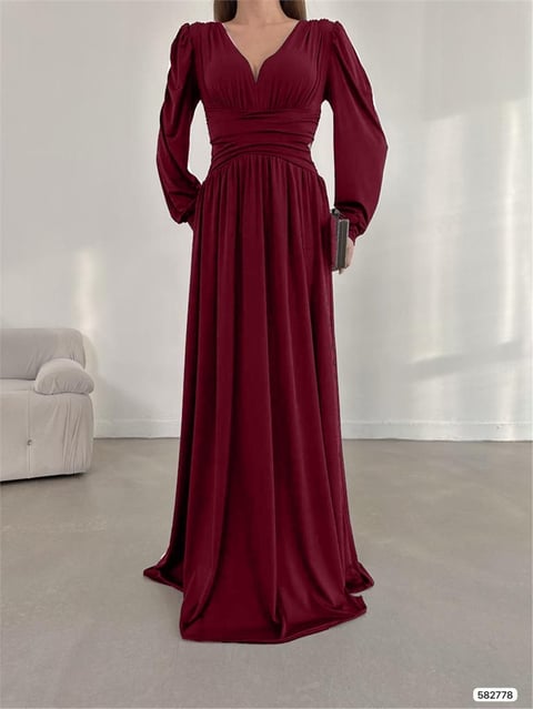 Elbise-فستان طويل شفاف مع تنورة Kiloş - أحمر كلاريت-T0165-582778-R04