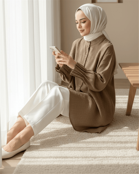 Kol Manşeti Drapeli Oval Kesim Gömlek           -Açık Kahve-Tunik-349-4033-R76