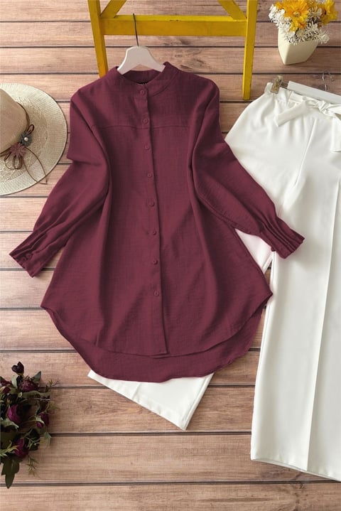 Kol Manşeti Drapeli Oval Kesim Gömlek       -Bordo-Gömlek-349-4033-R04