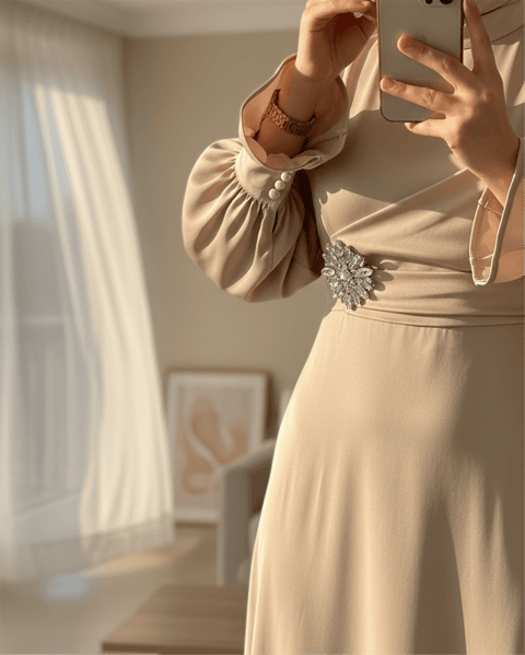 Kol Manşeti Fırıfrlı Önü Taş Detaylı Saten Elbise -Bej-Abiye-386-6230-R56