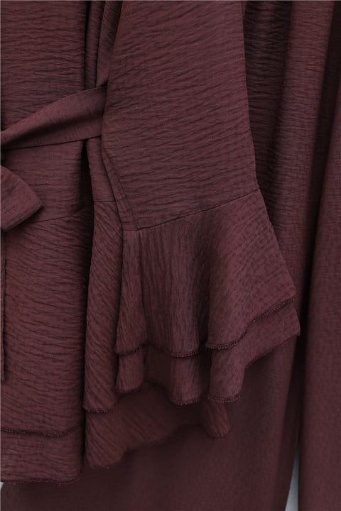 Kol Manşeti Volanlı Bol Paça Pantolonlu Kemerli Jakarlı Gofre Takım -Bordo-Takım-407-3928-R04