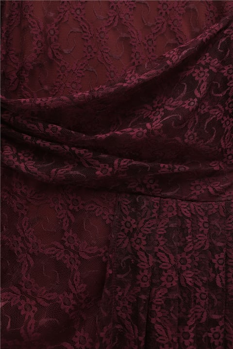 Kol Manşeti Volanlı Önü Drapeli Astarlı Dantel Elbise -Bordo-Elbise-386-6295-R04