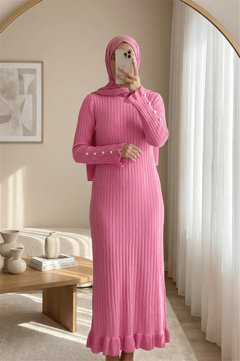 Kolları Düğmeli Eteği Fırfırlı Triko Elbise -Pembe-Elbise-295-016-R20