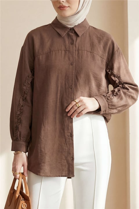 Kolları Fırfırlı Düğmeli Poplin Gömlek -Kahve-Gömlek-120-1640-R15
