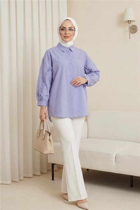 Kolları Fırfırlı Düğmeli Poplin Gömlek -Bebe Mavi-Gömlek-120-1640-R32