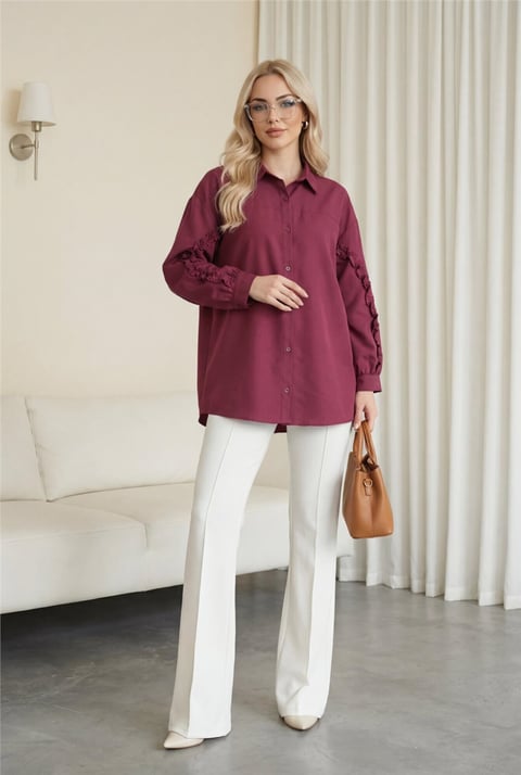 Kolları Fırfırlı Düğmeli Poplin Gömlek -Bordo-Gömlek-120-1640-R04