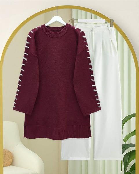 Kolları İpli Çizgili Yumoş Triko Tunik -Bordo-Kazak-295-4522-R04