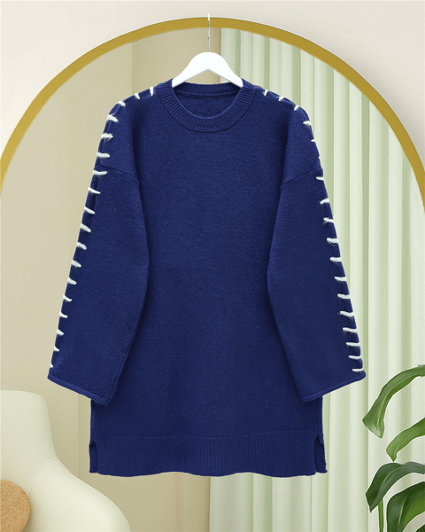 Kolları İpli Çizgili Yumoş Triko Tunik -Laci-Kazak-295-4522-R03