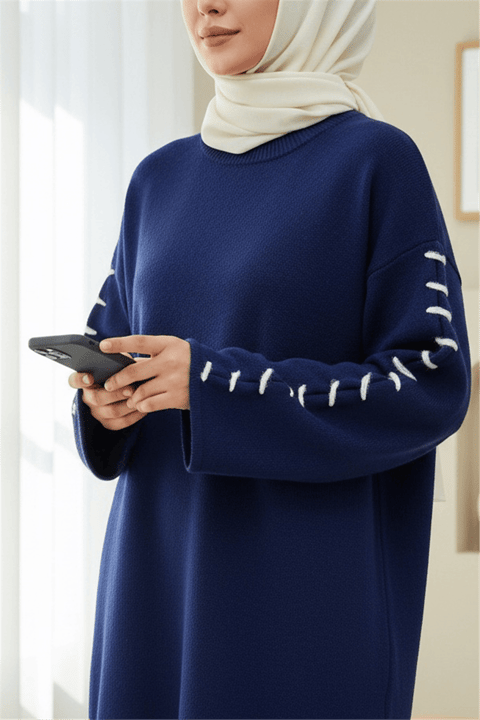 Kolları İpli Çizgili Yumoş Triko Tunik -Laci-Kazak-295-4522-R03