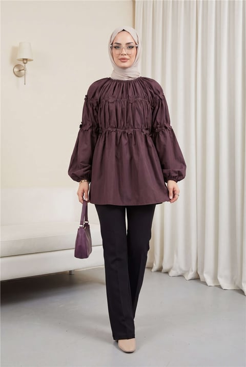 Kolları Lastikli Papatya Detaylı Poplin Tunik -Mürdüm-Tunik-207-5501-R09