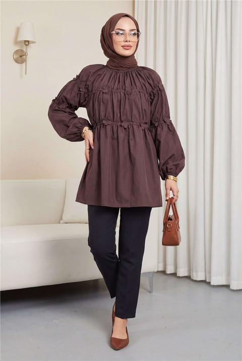 Kolları Lastikli Papatya Detaylı Poplin Tunik -Mürdüm-Tunik-207-5501-R09