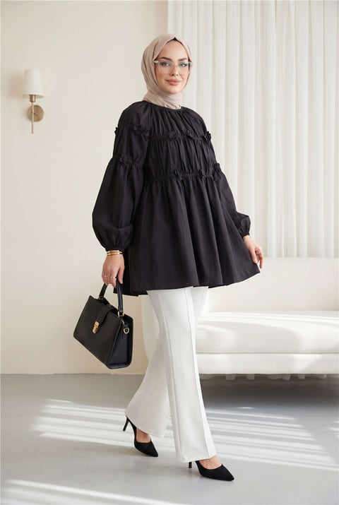 Kolları Lastikli Papatya Detaylı Poplin Tunik -Siyah-Tunik-207-5501-R01