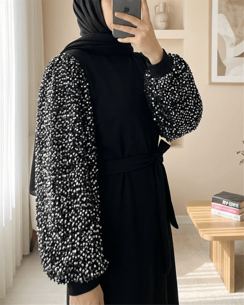 Kolları Pullu Kemerli İthal Likralı Krep Elbise  -Gümüş-Elbise-349-8031-R47