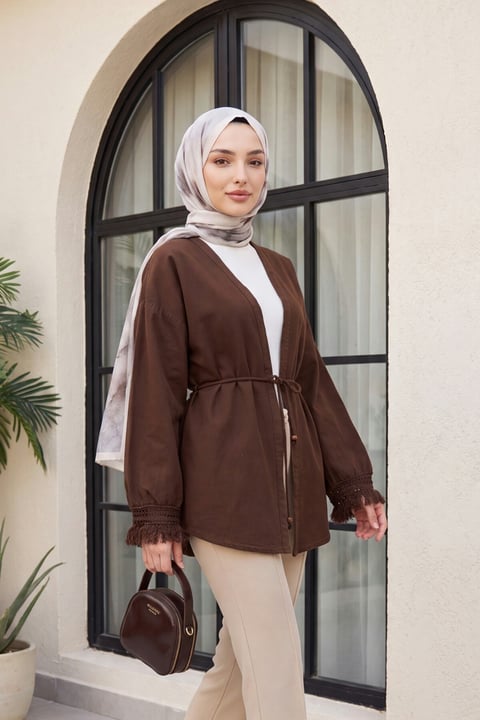 Kolları Püsküllü Beli Kemerli Keten Kimono  -Kahverengi