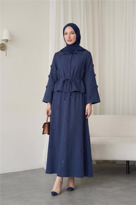 Kolları Ve Eteği Çiçekli Beli Bağcıklı Gömlek Etek İkili Modal Takım  -Laci-Takım-398-22019-R03