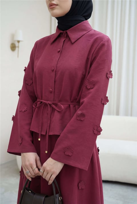 Kolları Ve Eteği Çiçekli Beli Bağcıklı Gömlek Etek İkili Modal Takım   -Mürdüm-Takım-398-22019-R09