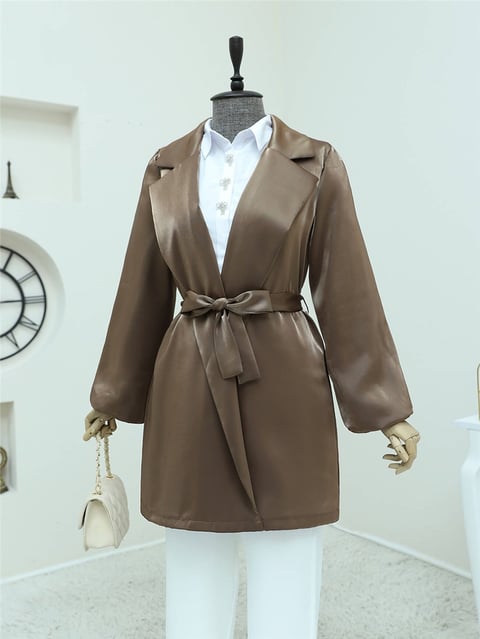 جاكيت ساتان برباط وأكمام واسعة - بني-Ceket-111-50689-R15