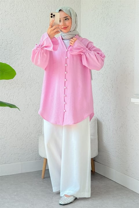 Kolu Bağcıklı Arkası Uzun Düğmeli Gömlek  -Pembe-Gömlek-307-2340-R20