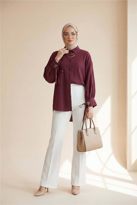 Kolu Bağcıklı Çizgi Desen Çilek Gömlek -Bordo-Tunik-434-5370-R04