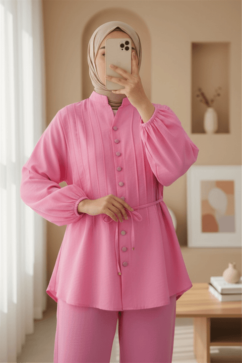 Kolu Bağcıklı Düğmeli V Yaka Tunik Pantolon Takım -Pembe-Takım-398-4018-R20