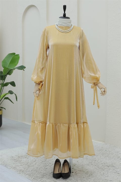 Kolu Bağcıklı Eteği Parçalı Janjan Elbise -Somon-Elbise-118-2105-R13